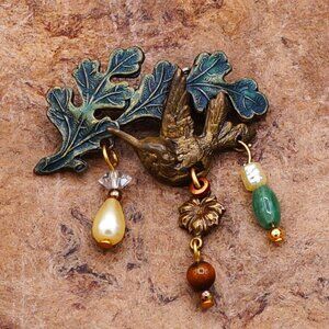 Vintage Brass Hummingbird Brooch W/ Jade, Tiger's Eye, Faux Pearl, Green Enamel